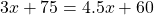 \[3 x+75=4.5 x+60\]