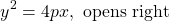 \[y^{2}=4 p x, \text { opens right }\]