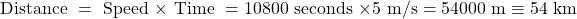 \[\text { Distance }=\text { Speed } \times \text { Time }=10800 \text { seconds } \times 5 \mathrm{~m} / \mathrm{s}=54000 \mathrm{~m} \equiv 54 \mathrm{~km}\]